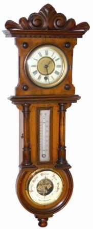 Hamburg American small wall clock, barometer, and thermometer. It is in excellent condition, clean, polished, and original, except for the lower door latch that is no doubt a Bubba replacement. — Antique Clocks Price Guide
