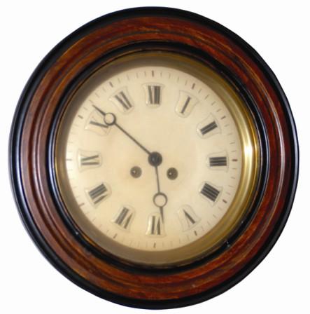 French Bakers clock, ca 1870. Round bezel is 15", octagon shaped behind the bezel, trap door in the base. — Antique Clocks Price Guide