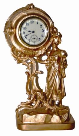 American metal novelty, "Bo Peep" and clock. Cast case is 11.25" high, complete, and recently repainted gold. — Antique Clocks Price Guide
