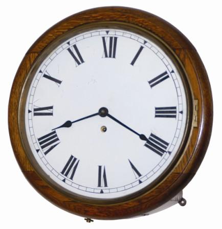 English gallery clock, chain fusee time only 8 day movement, ca 1875. Oak case is 15" in diameter, painted metal dial is 10.5" in diameter. — Antique Clocks Price Guide