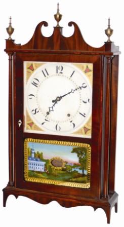 Eli Terry's / Patent Clocks / Made And Sold By / Mark Leavenworth / Waterbury, Connecticut, copied from the almost complete paper label in this fine pillar and scroll clock. The 31.5" high mahogany veneered case has the original scrolls and base. — Antique Clocks Price Guide