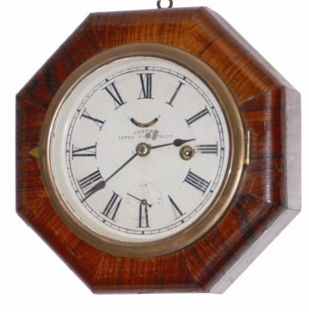 Chauncey Jerome octagon gallery clock, early model, ca around 1875. Painted metal dial is signed only, "Patent / Lever Escapement". — Antique Clocks Price Guide