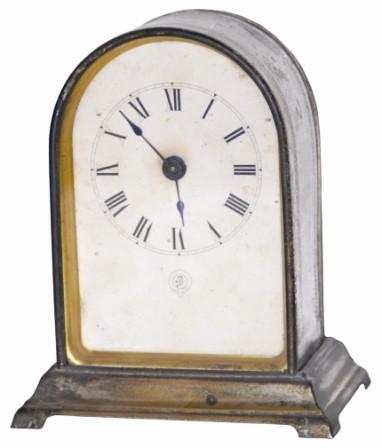 Jerome nickel plated shelf clock, a bit over 6" high, backwind and set, not running. — Antique Clocks Price Guide