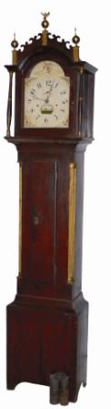 Silas Hoadley tall clock, ca 1813-1820. The clock came originally with this 30 hour wood movement, wood dial, iron pendulum bob, and original, or period, tin can weights. — Antique Clocks Price Guide