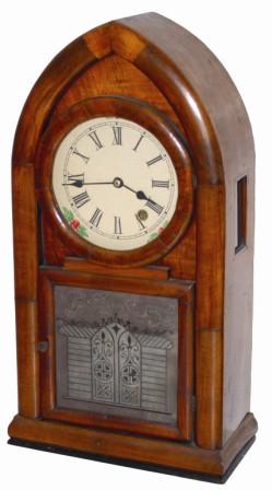 Beehive case, no doubt ca late 1800's, mahogany veneered, 19" high, and exceptionally nice, it even has an original viewing glass on the side. I should stop right here and just sell you the nice case. — Antique Clocks Price Guide
