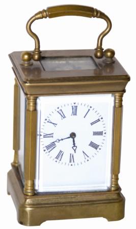 French Carriage clock, 8 day time only. It is only 4.5" high, has the back door knob and original handle on top. — Antique Clocks Price Guide