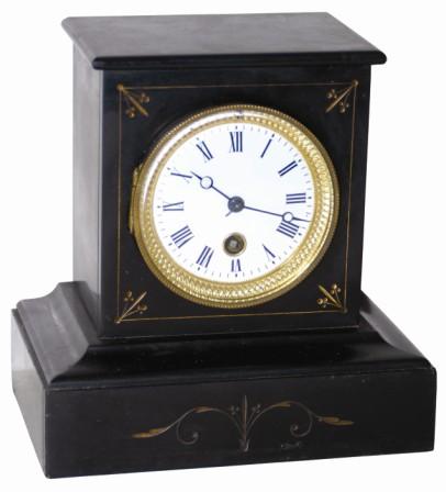 French miniature slate clock, only 8" tall. It may be small, but it is heavy, well made, and has the best of accessories, i.e. movement, dial, etc. — Antique Clocks Price Guide