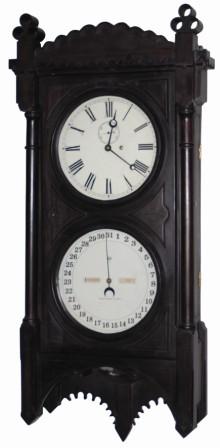 Calendar clock, identical to No. 86 above, except this is a fine reproduction made to scale. — Antique Clocks Price Guide