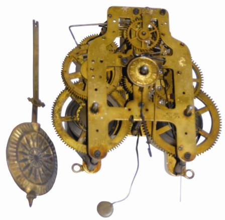 Seth Thomas 8 day brass movement, time, strike, and simple calendar. Brass pendulum bob and brass hanger. — Antique Clocks Price Guide
