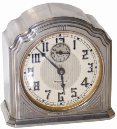 Westclox alarm clock. Great nickel case, stands 3.25" high, nickel on all sides including the back. — Antique Clocks Price Guide