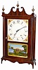 Eli Terry's / Patent Clocks / Made And Sold By / Mark Leavenworth / Waterbury, Connecticut, copied from the almost complete paper label in this fine pillar and scroll clock. The 31.5" high mahogany veneered case has the original scrolls and base.