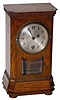 German miniature desk clock. A super little clock, only 8" high, ripple trim around the top and bottom, four wood bun feet, edges angled around the corners, and a full hinged and latching wood back door.
