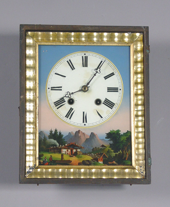 German Reverse Painted Black Forest Picture Wall Clock, — Antique Clocks Price Guide