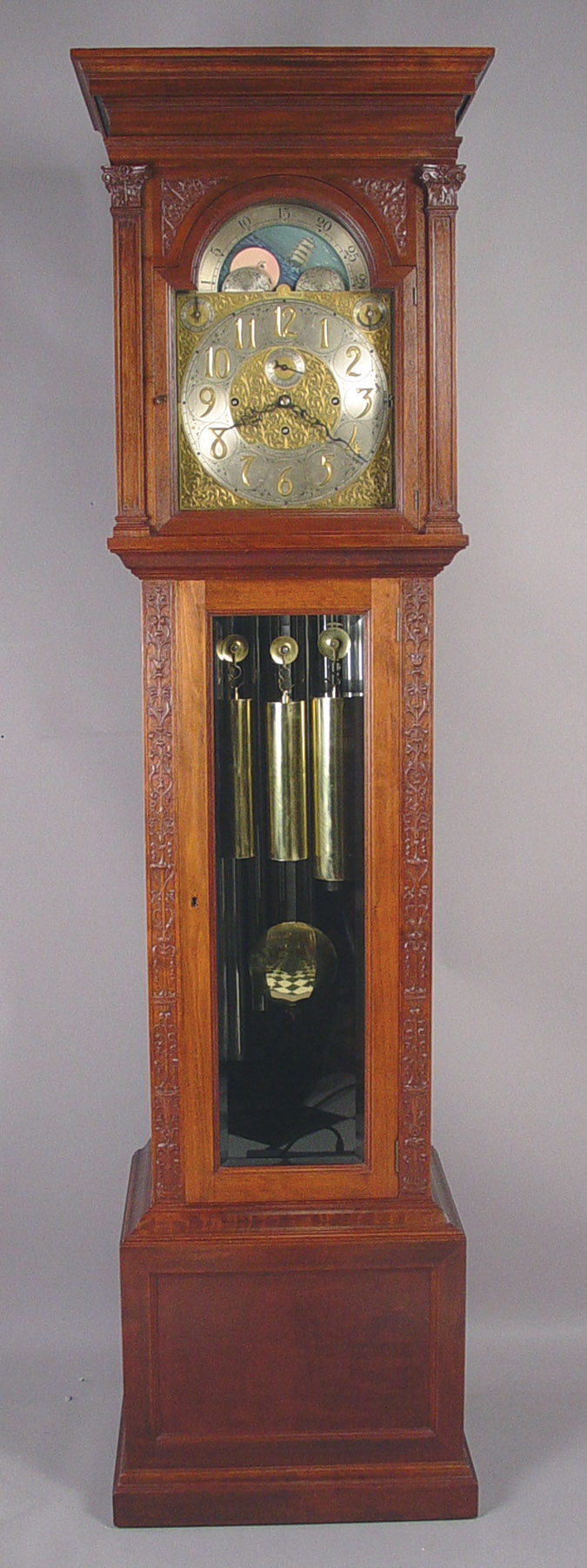 American Tiffany and Co. NY Carved Mahogany Triple Chime Hall Clock, — Antique Clocks Price Guide