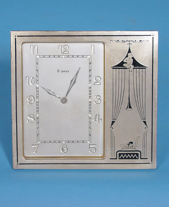 Swiss Art Deco Silvered and Enamel Strut Clock, — Antique Clocks Price Guide