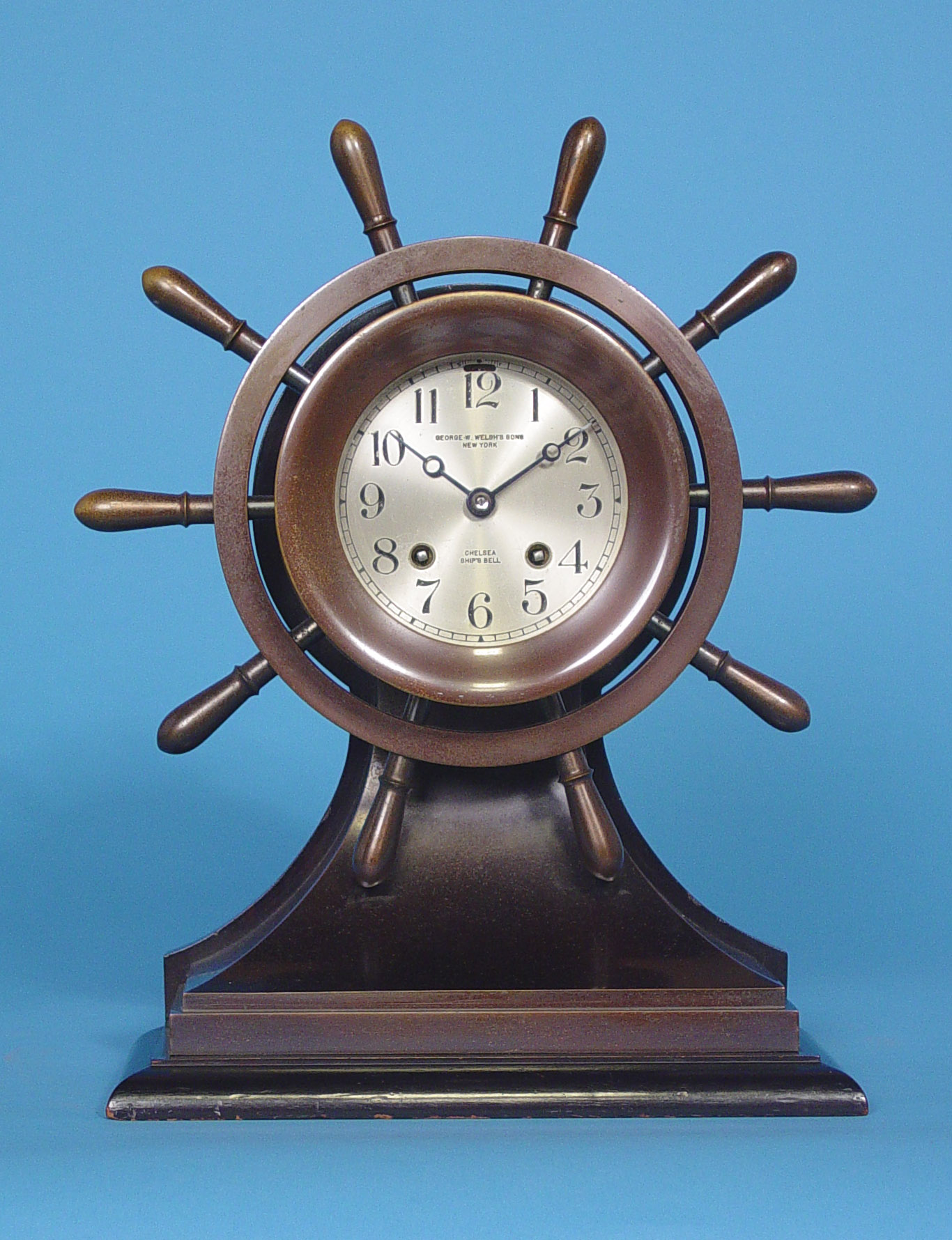 American Chelsea Clock Co., Boston Patinated Bronze "Decatur" Ship's Bell "Yacht Wheel Mariner", — Antique Clocks Price Guide