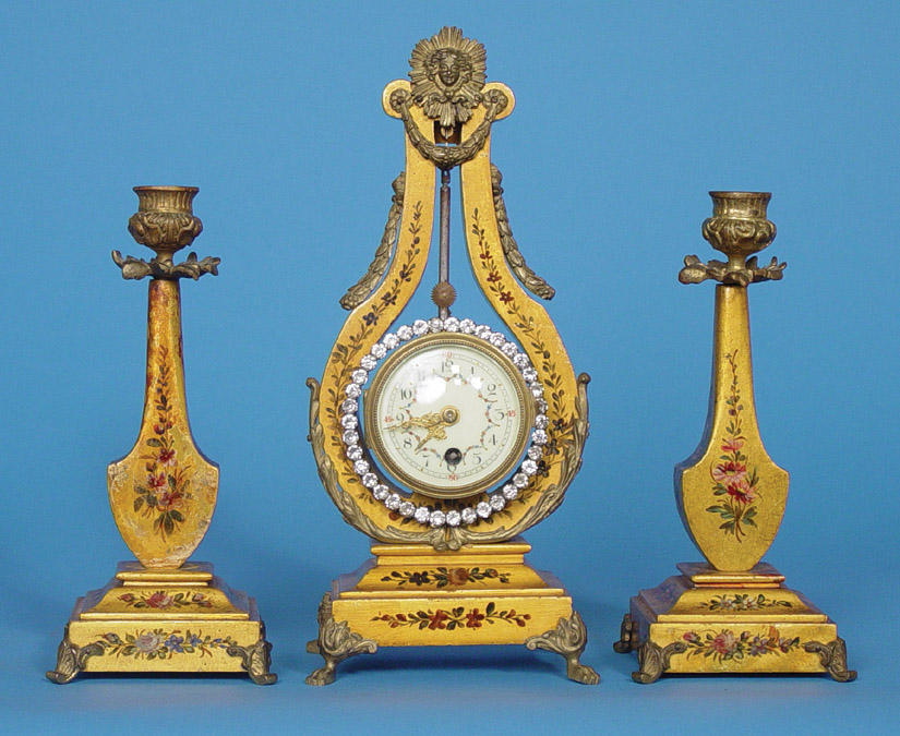 French Giltwood and Bronze Animated Pendulum Lyre Timepiece with Matching Candelabrum, — Antique Clocks Price Guide