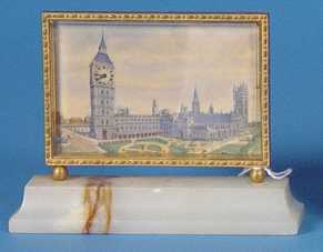 Swiss "Westminster Abby" Miniature Hand Painted Picture Desk Timepiece, — Antique Clocks Price Guide