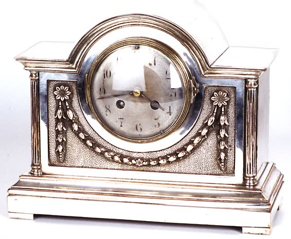 FRENCH MANTLE CLOCK, silver on copper and brass architectural case — Antique Clocks Price Guide