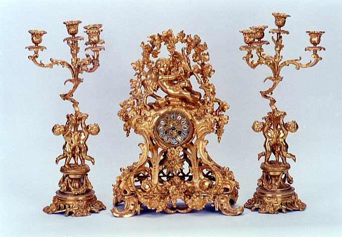 LOUIS XV STYLE THREE-PIECE GILT-BRONZE CLOCK SET, Rodier maker, Paris, 19th century, — Antique Clocks Price Guide