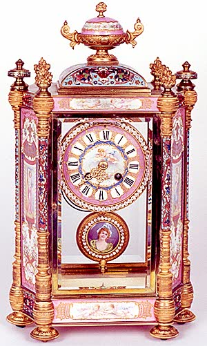 AN ORMOLU, SEVRES-STYLE PORCELAIN AND CHAMPLEVE' ENAMEL CRYSTAL REGULATOR MANTEL CLOCK, French, c.1900, — Antique Clocks Price Guide