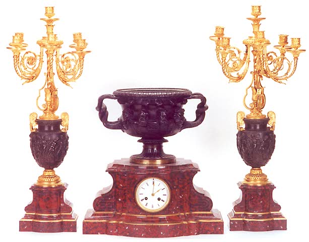 THREE-PIECE BRONZE, GILT-BRONZE AND ROSSO RAMELLO MARBLE CLOCK SET, French, 19th century, — Antique Clocks Price Guide