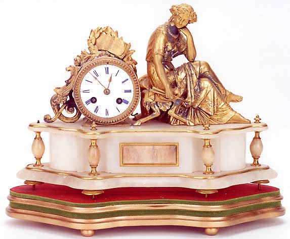 GILT-BRONZE AND WHITE ONYX MARBLE STATUE CLOCK, French, 19th century, — Antique Clocks Price Guide