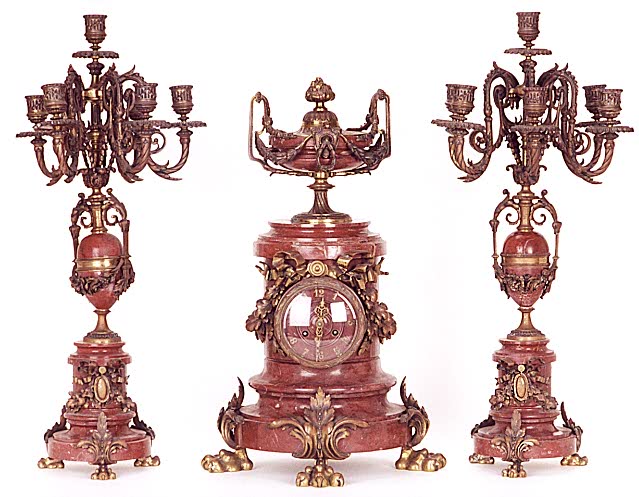 A FRENCH BRONZE AND RED MARBLE CLOCK GARNITURE; mid-19th century, clock by Barrard &amp; Vignon, — Antique Clocks Price Guide