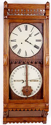 DOUBLE-DIAL CALENDAR WALL CLOCK, Ithaca Calendar Clock Co., c.1880, — Antique Clocks Price Guide