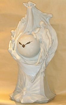 Remarkable porcelain clock, 28" high, designed by Max Blondat, — Antique Clocks Price Guide