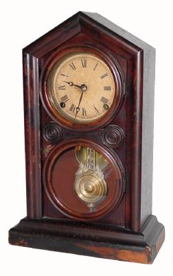 C.1885, E. Ingraham, ÒDORICÓ in rosewood, 8-day time and strike with exposed pendulum. — Antique Clocks Price Guide