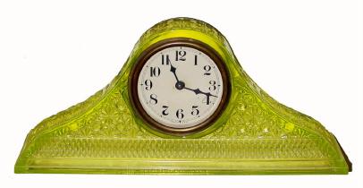 C.1930, McKee Glass Co., Jenrette, Penna, A Daisy and Button pressed glass tambour in light lime color. — Antique Clocks Price Guide