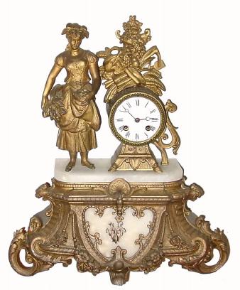 C.1890 Vincenti and Cie, 8-day time/strike French gilt spelter and marble figural mantel clock, a young lady at harvest time. — Antique Clocks Price Guide