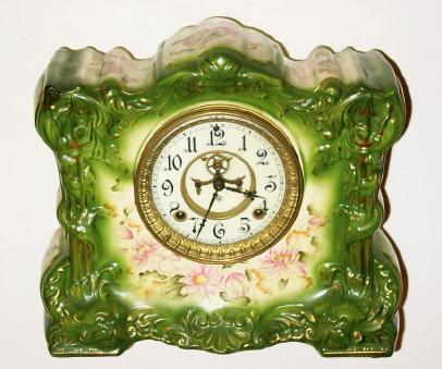 C.1910, Ansonia ÒOSCEOLAÓ, Green porcelain china clock with open escapement. — Antique Clocks Price Guide