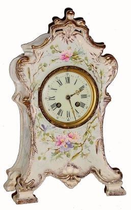 C.1895 German, Royal Bonn, 8-day time/strike porcelain mantel clock, for French market. (note dk orange trademark is in inside of base) — Antique Clocks Price Guide