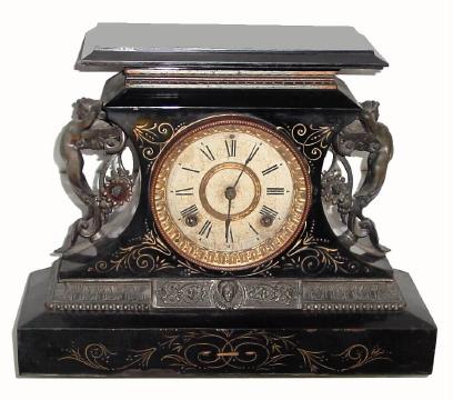 C.1890, Ansonia Clock Co., ÓRosalindÒ, black enameled iron clock, 8-day time and strike. — Antique Clocks Price Guide