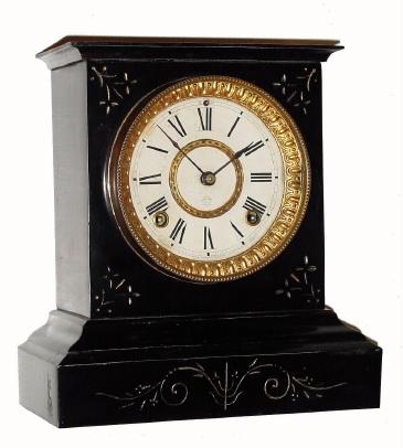 C.1895, Ansonia, Enameled Iron mantel clock, 8-day, time and strike. We looked for this simple model in the Ansonia books, and although there are several similar models, we could not find this exact one. — Antique Clocks Price Guide