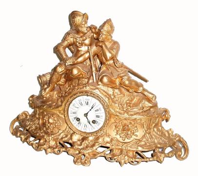 C.1875, French, Large Figural Clock, Patinated spelter, depicting warriors ÓResting After BattleÒ, with /associated/ 8-day time and strike movement, that has matched pendulum number. — Antique Clocks Price Guide