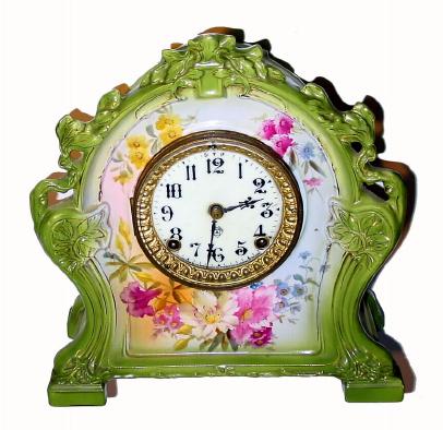 C.1910, Ansonia, Royal Bonn, ÓLa ChartresÒ, porcelain china clock, 8-day gong strike. — Antique Clocks Price Guide