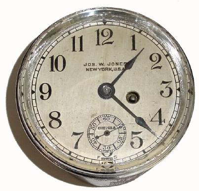 C.1907, Chelsea, Flush Mount, Screw Bezel timepiece, dial signed Jos. W. Jones, New York, USA. — Antique Clocks Price Guide