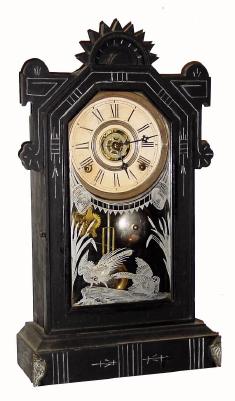 C.1885 William L. Gilbert Clock Co., ÒJetÓ, 8-day time/strike/alarm mantel clock. — Antique Clocks Price Guide