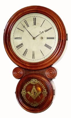 C.1890, E. Ingraham, Small version of Ionic wall clock with 10-inch dial, walnut with an outstanding original (putty is intact) Masonic design glass. — Antique Clocks Price Guide