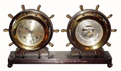C.1956 (dated) Chelsea ShipÕs Bell Clock and Barometer ÒClaremontÓ set for Tiffany and Co., New York, tu-tone brass and bronze case, presentation piece, 3.75Ò dials. — Antique Clocks Price Guide
