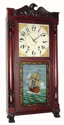 C.1835 Seth Thomas, 30-hour time/strike wood movement carved eagle half column and splat shelf clock — Antique Clocks Price Guide