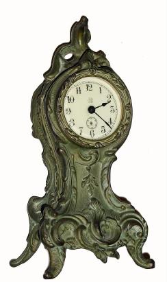 C.1895, Jennings Brothers Mfg Co., Chicago, ladies boudoir clock, patinated white metal with 30 hour timepiece movement with porcelain dial. — Antique Clocks Price Guide