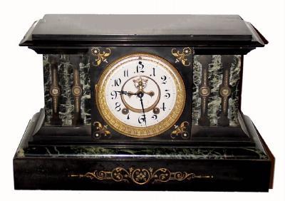 C.1890, Ansonia, Black Marble Mantel clock with porcelain dial and open escapement. — Antique Clocks Price Guide