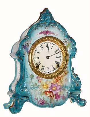 C.1914, Ansonia Clock Co., Royal Bonn, ÒLa RamblaÓ, 8-day time/strike porcelain mantel clock. — Antique Clocks Price Guide