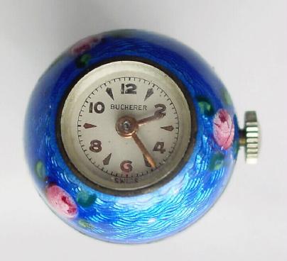 C.1930, Swiss Pendant ÓballÒ watch ÓBuchererÒ, Guilloche enamel /blue/ with 6 tiny pink roses as accents. — Antique Clocks Price Guide