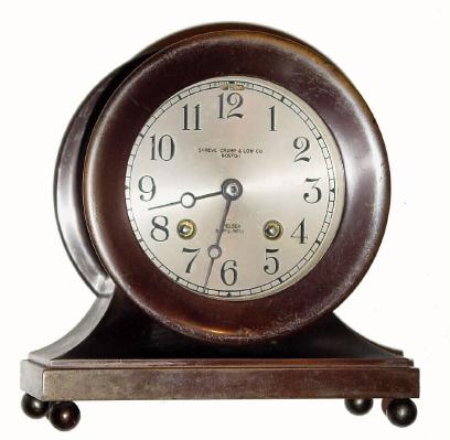 C.1939, Chelsea Clock Co., ÒShipÕs Bell, Base with ball feetÓ, 4.5Ò dial, engraved with Shreve Crump and Low, Boston. — Antique Clocks Price Guide