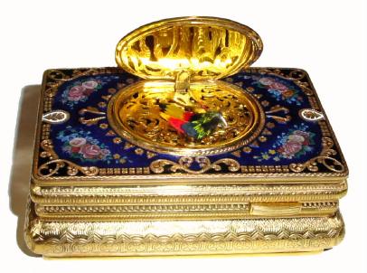 Swiss, Limited Edition, last qtr, 20th Century, Bird Box, with enamel and rose decorated top, and with enameled cover over the bird, depicting a mountain scene from Zermatt, Switzerland. — Antique Clocks Price Guide